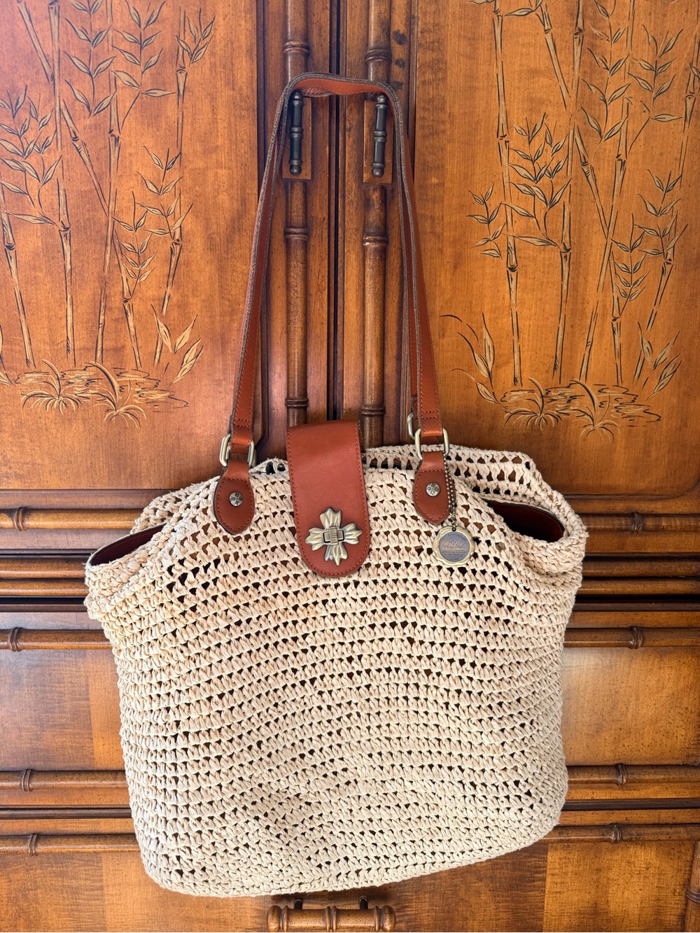 Patricia Nash Beige Crochet Tote with Brown Leather Trim